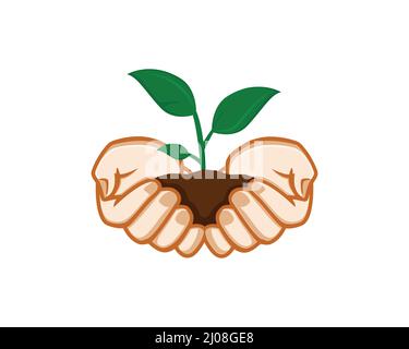 Green Plants Sustainability Illustration and Environmental Issue Symbol with Hands Holding a Tiny Plants Stock Vector