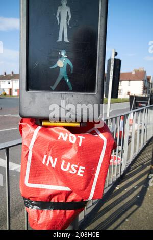 crossing not in use temporary cover on pedestrian crossing push button liverpool, england, uk Stock Photo
