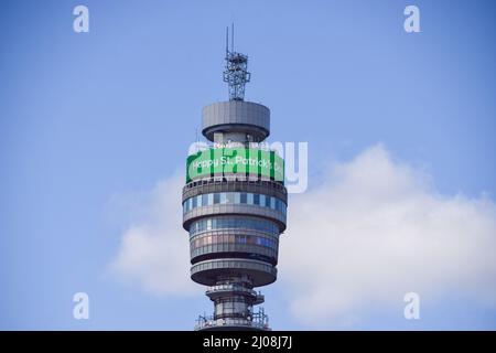 London, UK. 17th Mar, 2022. 'Happy St Patrick's Day' message displayed on the BT Tower in Central London. St Patrick's Day takes place every year on March 17th and celebrates the culture and heritage of Ireland and Irish people. Credit: ZUMA Press, Inc./Alamy Live News
