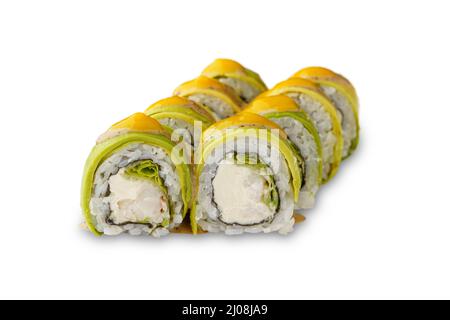 sushi roll with cream cheese, avocado, mango puree, lettuce, walnut sauce. Isolated on white background Stock Photo