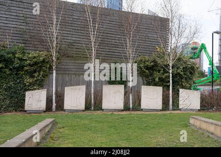 Former manager Sir Bobby Robson Memorial Garden at Gallowgate, next to Newcastle United football club's St. James' Park ground. Stock Photo