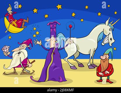 Cartoon illustration of wizard and dwarfs fantasy or fairy tale characters group Stock Vector