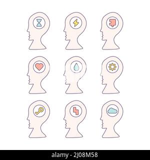 Head profiles with various emotions inside. Pensive, excited, puzzled, in love, crying, confused, lucky, inspired, sad. Human feelings and thoughts Stock Vector