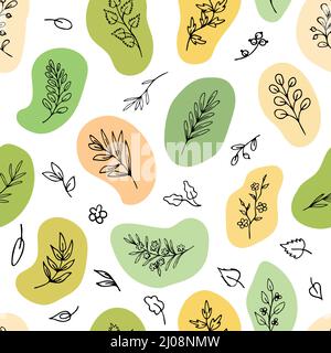 Seamless pattern made of leaves, twigs, herbs in eco colour shapes. Hand drawn design for prints on paper, fabric Stock Vector