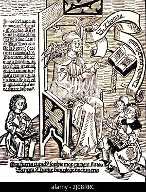 Saint Thomas Aquinas, Thomas of Aquino, 1225- 1274, an Italian Dominican friar, Catholic priest, and Doctor of the Church. He was a philosopher, theologian, and jurist in the tradition of scholasticism, within which he is also known as the Doctor Angelicus and the Doctor Communis, here as a teacher with a Pigeon  /  Thomas von Aquino als Lehrer, eine Taube sagt ihm ein, 1500, historisch, C:CC5historical, digital improved reproduction of an original from the 19th century / digitale Reproduktion einer Originalvorlage aus dem 19. Jahrhundert, Originaldatum nicht bekannt Stock Photo