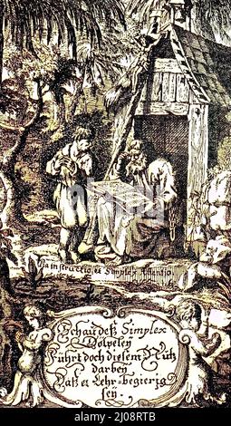 teaching of the Simplicius Simplicissimus  /  Der abenteuerliche Simplicissimus Teutsch, a picaresque novel of the lower Baroque style, written in 1668 by Hans Jakob Christoffel von Grimmelshausen, Unterricht des Simplicissimus, Grimmelshausen, 1684, historisch, C:CC5historical, digital improved reproduction of an original from the 19th century / digitale Reproduktion einer Originalvorlage aus dem 19. Jahrhundert, Originaldatum nicht bekannt Stock Photo