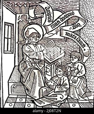 "Teacher Thomas Aquinas and two students, Lehrer Thomas von Aquino und zwei Schüler, 1497  /  Saint Thomas Aquinas, Tommaso d' Aquino, Thomas of Aquino; 1225 - 1274, an Italian Dominican friar, Catholic priest, and Doctor of the Church, historisch, C:CC5historical, digital improved reproduction of an original from the 19th century / digitale Reproduktion einer Originalvorlage aus dem 19. Jahrhundert, Originaldatum nicht bekannt" Stock Photo