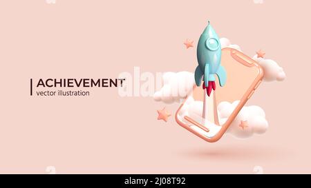 Rocket ship taking off from smartphone around the clouds and stars. Realistic 3d illustration with flying shuttle. Space travel. Spacecraft launch new project start up concept. Vector illustration Stock Vector