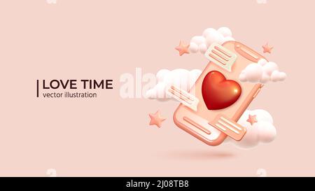 Cute Smartphone with speech bubbles Icons and red heart - Virtual Love Concept. Realistic 3d design of romantic correspondence. Holiday background. Vector illustration Stock Vector