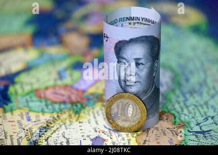 Yuan to ruble exchange rate. Financial concept, Chinese currency is the ...