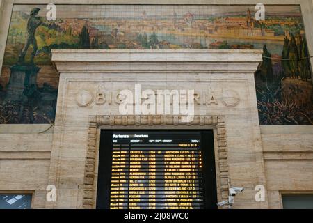 Milan, Italy. 03rd Oct, 2019. The departures board in Milan central Station mixes classic style with modern technology, on March 31, 2019. Milan's Centrale (Central Station) is the largest railway station in Europe by volume. It opened in 1931 as a replacesment for the old central station. It is considered one of the most beautiful train stations in the world. (Photo by Alexander Pohl/Sipa USA) Credit: Sipa USA/Alamy Live News Stock Photo