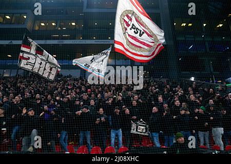 Copenhagen, Denmark. 17th Mar, 2022. COPENHAGEN, DENMARK - MARCH 17: Supporters of PSV Eindhoven prior to the UEFA Conference League Round of 16 Leg Two match between F.C. Copenhagen and PSV Eindhoven at the Parken on March 17, 2022 in Copenhagen, Denmark (Photo by Andre Weening/Orange Pictures) Credit: Orange Pics BV/Alamy Live News Stock Photo