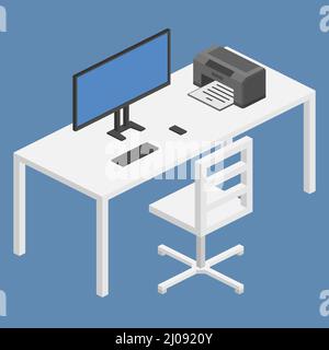Flat isometric office table, computer Stock Vector