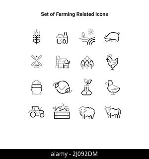 Simple Set of Farming Related Vector Line Icons. Contains such Barn, Livestock, Tree Garden and more. Stock Vector