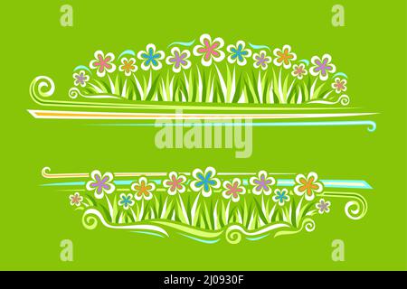 Vector Border for Wild Flowers with copyspace for text, horizontal poster with illustration of simple chrysanthemums, cartoon gerber flowers on grass Stock Vector