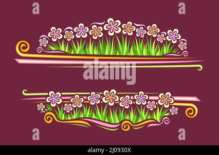 Vector Border for Wild Flowers with copyspace for text, horizontal coupon with illustration of simple chrysanthemums and cartoon gerber flowers on gra Stock Vector