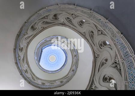 Pamplona, Spain - June 21 2021: Ornate spiral staircase of the Catholic Catedral de Santa Maria la Real, 15th Century Gothic Cathedral Stock Photo