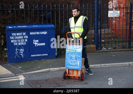 Liverpool, UK. 17th March 2022. A Programme seller outside the ground prior to the Premier League match at Goodison Park, Liverpool. Picture credit should read: Darren Staples / Sportimage Credit: Sportimage/Alamy Live News Stock Photo