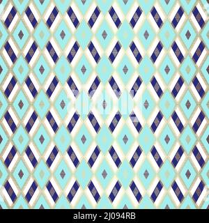 Elegant Blue  Seamless Pattern Vector with Geometric Rhombus Shapes and Gold Details Stock Vector