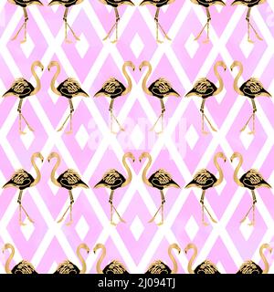 Gold Flamingo Seamless Pattern Vector with Pink Geometric Rhombus Shapes Stock Vector