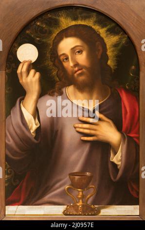 VALENCIA, SPAIN - FEBRUAR 14, 2022: The painting  of Eucharistic Jesus in the Cathedral - Basilica of the Assumption of Our Lady Stock Photo