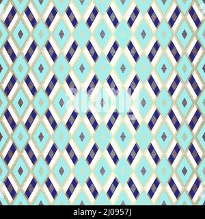Elegant Blue  Seamless Pattern Vector with Geometric Rhombus Shapes and Gold Details Stock Vector