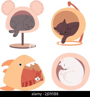 Cute multi-colored cats of different breeds sleep in cat houses. Tired little kittens lie in pet beds. Funny animals drawn in a flat style. Color vector illustration, doodle set isolated on white Stock Vector