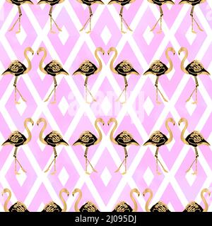 Gold Flamingo Seamless Pattern Vector with Pink Geometric Rhombus Shapes Stock Vector