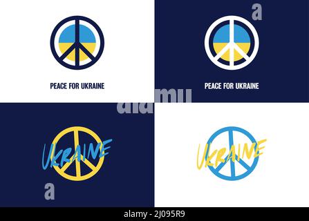 Stylized peace sign over Ukrainian flag, editable modern vector. Peace For Ukraine illustration set. Stock Vector