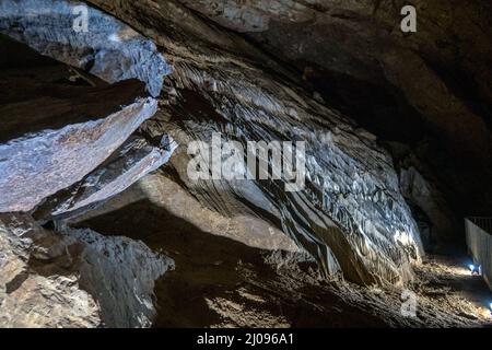 UK, England, Somerset, Wookey Hole caves. Rillenkarren or fluting caused by water running over the limestone rock in cave 20. Stock Photo