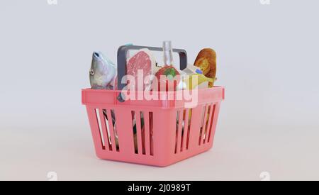 Shopping market basket with variety of grocery products isolate Stock Photo  by ©maxxyustas 153930994