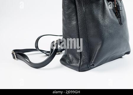 Black backpack women's bag, women's backpack, gray women's backpack. Women's bag isolated on white background. The bag is isolated on a white backgrou Stock Photo