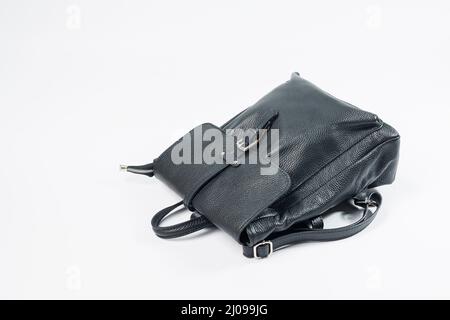 Black backpack women's bag, women's backpack, gray women's backpack. Women's bag isolated on white background. The bag is isolated on a white backgrou Stock Photo