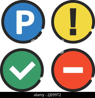 Parking signs and caution signs, check marks and stop signs. Editable vector. Stock Vector