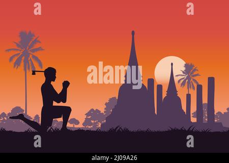 silhouette design of boxer is warm up and respect to boxing master,vector illustration Stock Vector