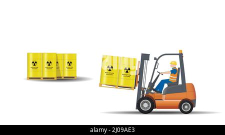 An industrial forklift with a driver transports pallets of radioactive waste in barrels. Radiation hazard. Flat vector illustration. Stock Vector