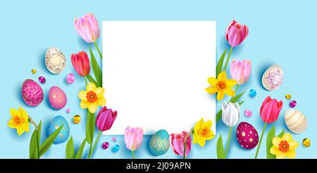 Easter eggs, daffodils and tulips. Stock Vector