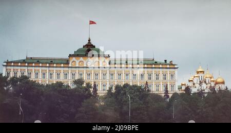 Vintage image of the Grand Kremlin Palace with the Russian Orthodox Cathedral of the Annunciation to the right. Originally photographed in Moscow, USS Stock Photo