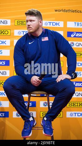 Belgrade, Serbia, 17th March 2022. Ryan Crouser of USA during the World Athletics Indoor Championships Belgrade 2022 - Press Conference in Belgrade, Serbia. March 17, 2022. Credit: Nikola Krstic/Alamy Stock Photo