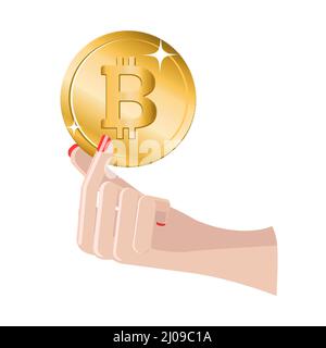 Beautiful Woman hand holding a Bitcoin coin isolated on white background. Vector illustration Stock Vector