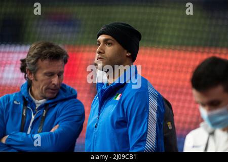 Belgrade, Serbia, 17th March 2022. Marcell Jacobs of Italy during the World Athletics Indoor Championships Belgrade 2022 - Press Conference in Belgrade, Serbia. March 17, 2022. Credit: Nikola Krstic/Alamy Stock Photo