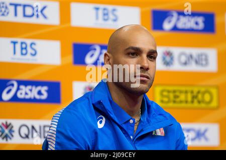 Belgrade, Serbia, 17th March 2022. Marcell Jacobs of Italy during the World Athletics Indoor Championships Belgrade 2022 - Press Conference in Belgrade, Serbia. March 17, 2022. Credit: Nikola Krstic/Alamy Stock Photo