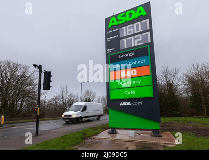 16/03/2022 Asda superstore, Lancaster sign showing the high fuel price as a result of Russia invading Ukraine Stock Photo
