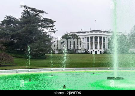 Washington DC, USA. 17th Mar, 2022. Washington DC, USA. 17 March, 2022. The White House fountain is died green to celebrate St Patricks Day on the South Lawn of the White House, March 17, 2022 in Washington, DC Credit: Adam Schultz/White House Photo/Alamy Live News Stock Photo