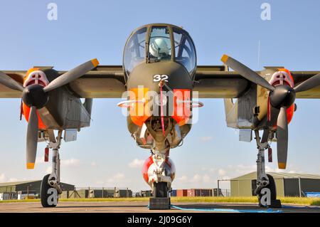 North American Rockwell OV-10B Bronco ex German military plane at RAF Waddington for the airshow, UK. 99+32, G-BZGK, of Tony de Bruyn. Front view Stock Photo