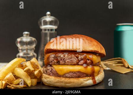 The Double Cheeseburger with two pieces of meat seasoned with a dash of salt and pepper ketchup, mustard and two pieces of melted American cheese with Stock Photo