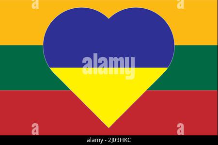 A heart painted in the colors of the flag of Ukraine on the flag of Lithuania. Illustration of a blue and yellow heart on the national symbol. Stock Vector