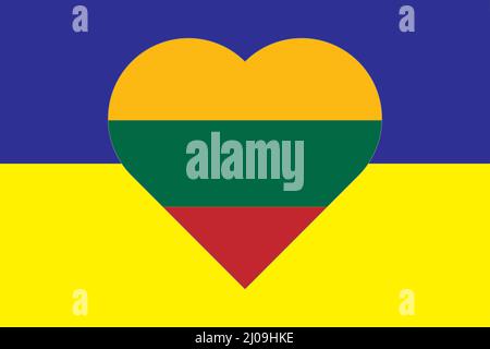 Heart painted in the colors of the flag of Lithuania on the flag of Ukraine. Illustration of a heart with the national symbol of Latvia on a blue-yell Stock Vector