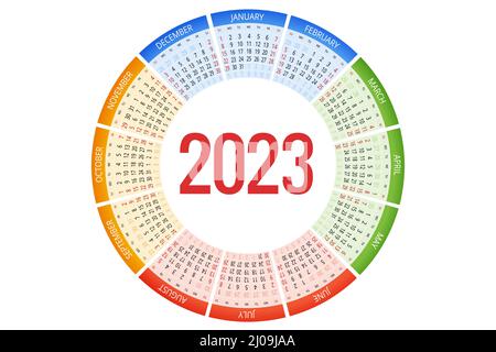 Round Calendar Planner for 2023. Calendar template for 2022. Stationery Design Print Template. Week Starts on Sunday. Stock Vector