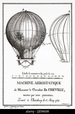 The first balloons. Chevalier de Chevelu Aerostatic Machine launched at Chambery on May 6, 1784. France, Europe. Old 19th century engraved illustration from La Nature 1899 Stock Photo